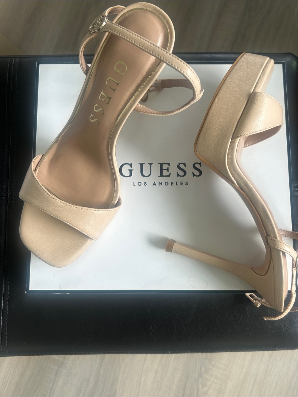 GUESS Beige Open-Toe Ankle-Strap Stiletto Heels